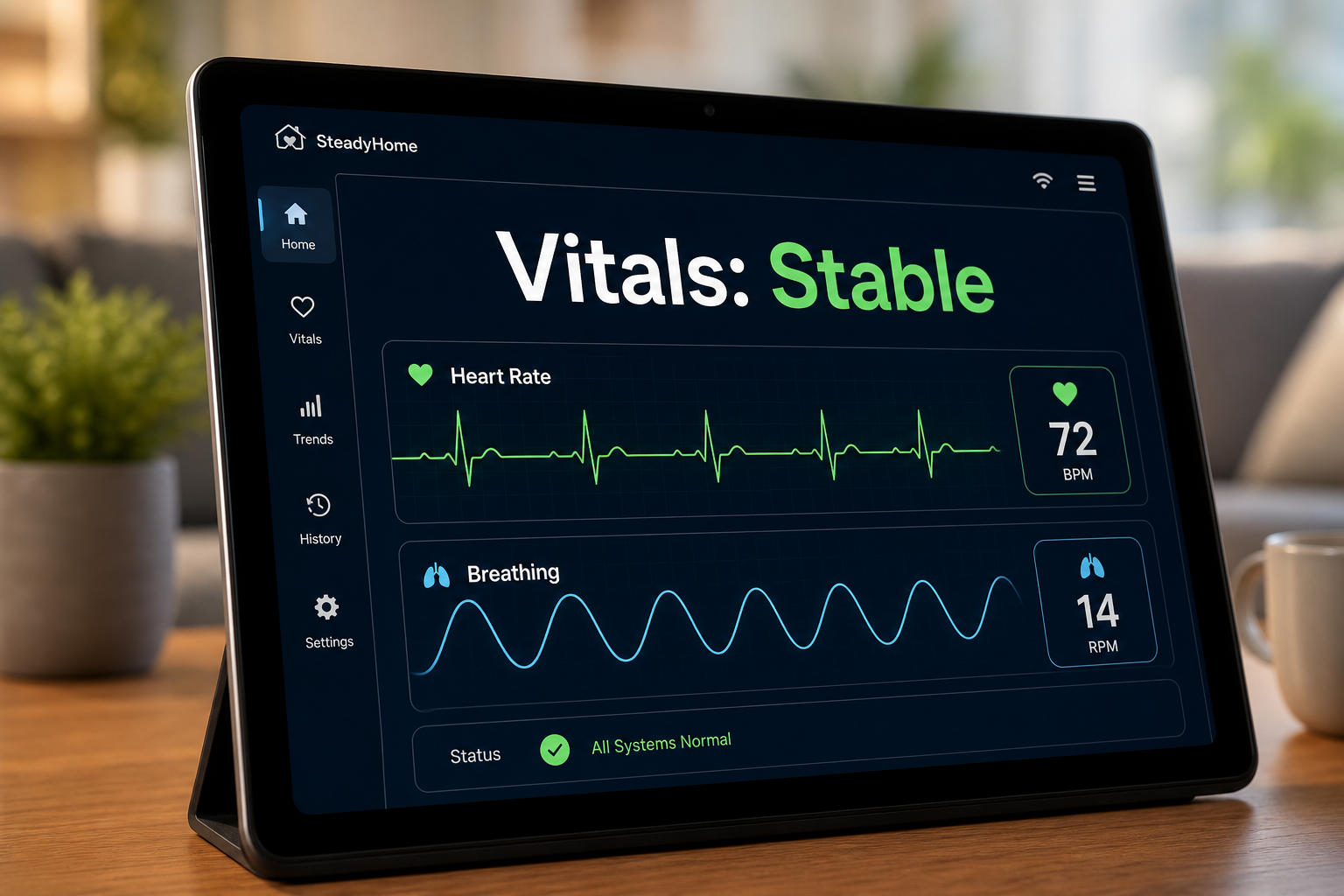 Tablet showing SteadyHome vitals dashboard with stable status